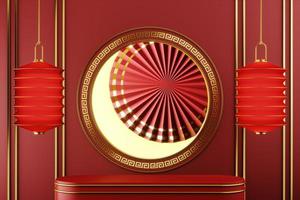 The red platform on red backdrop chines style, Chines circle gold frame window and chinese fan, Red lanterns hanging around.abstract background for product presentation or ads. 3d rendering photo