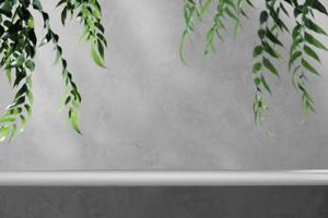 White platform and blur tropical plants foreground. abstract background for product presentation or ads. 3d rendering photo