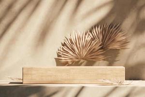 The wooden platform on beige scene, Sunshade shadow tropical plants on wall and blur background. abstract background for product presentation or ads. 3d rendering photo