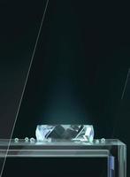 Crystal base on glass platform, dark background, Background for product presentation. 3d rendering photo