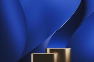 Two golden platform on blue abstract background. abstract background for product presentation or ads. 3d rendering photo