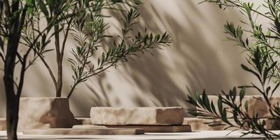 Beige stone slab for product presentation on mockup plants scene, Sunshade and tree shadows on wall, abstract background for product presentation or ads. 3d rendering photo