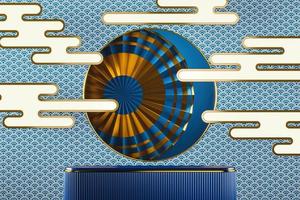 Blue platform on backdrop japan style, gold frame and blue chinese fan, fish scale pattern and clouds, abstract background for product presentation or ads. 3d rendering photo