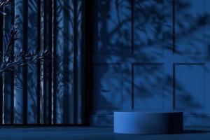 Blue platform on blue mockup scene, sunshade and tree shadow on wall, abstract background for product photo