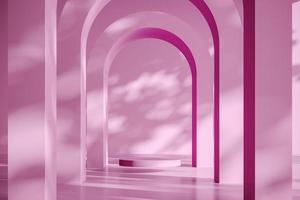 Pink platform on abstract arch background, mockup scene for product presentation, 3d rendering photo