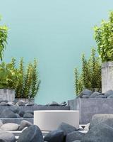 white podium on mockup garden scene, stone and plants on blue background, Abstract background for product or ads presentation. 3d rendering photo