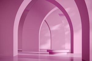 Pink platform on abstract arch background, mockup scene for product presentation, 3d rendering photo
