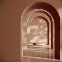 Brown platform on arch wall background, mockup scene for product presentation, 3d rendering photo