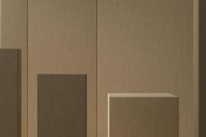 brown podium are arranged in step in front of light brown partition, abstract mockup scene for presentation. photo