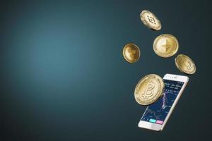 Cryptocurrency coins and trade exchange app on phone screen. cryptocurrency exchange concept. 3d rendering photo