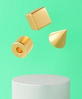 White cylinder base and three floating gold geometric objects on turquoise background, minimalist background for branding and presentation. 3d rendering photo