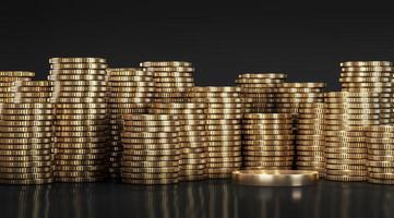Mockup background for financial presentation, golden platform among golden coins stacked on each other in different positions. 3d rendering photo