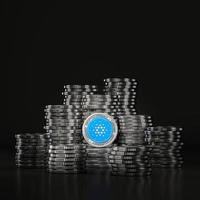 huge stack silver Cardano coins in black scene, mockup digital currency coin for financial, token exchange promoting, advertising purpose photo