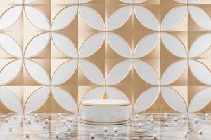 Abstract background for cosmetic or jewelry presentation, the white circle podium and gold ring on top marble table and pearl beads, white and champagne gold circle pattern background. 3d rendering photo