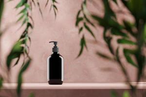 Mockup bump bottle on red platform, blur tropical plants foreground. abstract background for cosmetic presentation or ads. 3d rendering photo