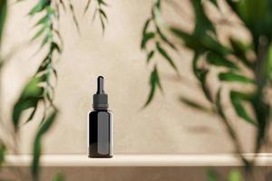 Mockup dropper bottle on beige platform, blur tropical plants foreground. abstract background for cosmetic presentation or ads. 3d rendering