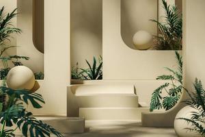 escena de maqueta abstracta, plataforma de pared de arco beige y plantas tropicales. representación 3d foto