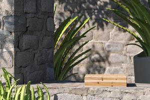 Wooden platform on brick wall, tropical plants foreground and background. abstract background for presentation. 3d rendering photo