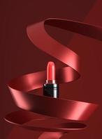 black lipstick red cream texture in the abstract sculpture red sway curve, abstract cosmetic background for ads branding and product presentation. 3d rendering photo