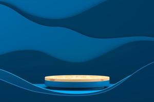 Blue cylinder base and wooden on top in blue wave scene, abstract mockup scene background for branding and product presentation photo