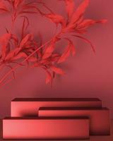 Three shiny red square bases and a red plant above, minimal mockup for ads branding and product presentation. photo