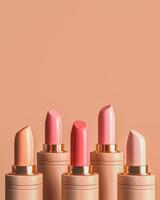 five lipstick random color on cream background, minimal cosmetic background for ads branding and product presentation. 3d rendering photo