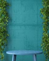 Blue wooden table against blue concrete wall and ivy backdrop, mockup background for presentation. 3d rendering photo