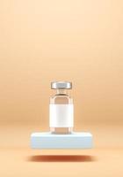 The vaccine bottle on floating blue platform on beige backdrop, Minimalist background for medical. 3d rendering photo