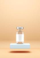 The vaccine bottle on floating blue platform on beige backdrop, Minimalist background for medical. 3d rendering photo