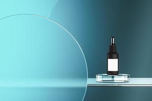 The dropper bottle on glass platform. abstract background for cosmetic presentation or ads. 3d rendering photo