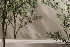 Beige platform on mockup scene, blue plants foreground and plant shade on background, abstract background for product presentation or ads. 3d rendering photo