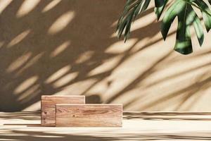 Two Wooden platform on beige scene, Sunshade shadow tropical plants on wall. abstract background for product presentation or ads. 3d rendering photo