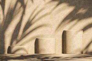 Three beige podium on sunshade and plants shadows on wall, abstract background for product presentation or ads. 3d rendering photo