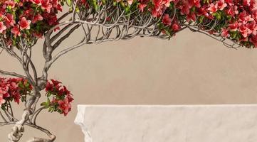 maqueta de podio de piedra beige sobre fondo de flores bonsai. fondo abstracto para la presentación de productos o anuncios. representación 3d foto