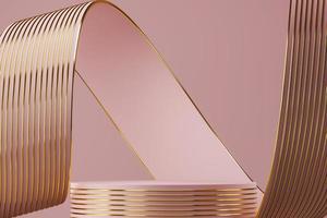 Pink podium on abstract soft background, pink ribbon and gold line texture bending around podium. minimal background for product presentation. 3d rendering photo