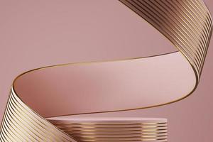 Pink podium on abstract soft background, pink ribbon and gold line texture bending around podium. minimal background for product presentation. 3d rendering photo