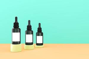 Minimalist mockup background for cosmetic presentation, Three serum bottles on a cylindrical platform in pastel color scene. 3d rendering photo