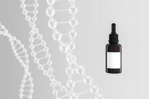 Dropper bottle and clear chromosome on white background, abstract background for cosmetic presentation or branding. 3d rendering photo