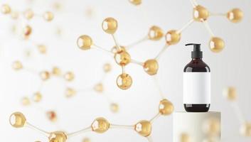 Mockup pump bottle on platform and blur molecules background, abstract background for cosmetic presentation or branding. 3d rendering photo