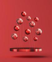 Red platform for product presentation, floating red balls. abstract background for presentation. 3d rendering photo