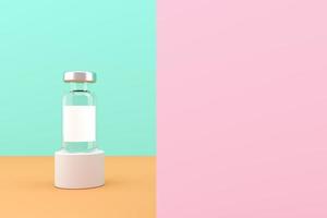 Minimalist mockup background for cosmetic presentation, The vaccine bottles on cylindrical platform in pastel color scene. 3d rendering photo