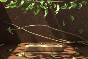 Abstract background for product presentation, Sunshade and shadow on wooden platform, Branches and leaves make up the scene.. 3d rendering photo