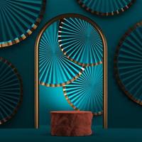 Orange wooden podium on mockup blue paper fan background. abstract background for presentation or ads. 3d rendering photo