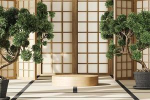 The wood cylinder platform on mockup japan room, Huge bonsai trees and sunlight shining through the panels. abstract background for product presentation or ads. 3d rendering