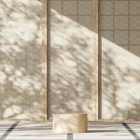 wooden podium middle japanese room, Sunshade and tree shadows on japan partition. abstract background for product presentation or ads. 3d rendering photo