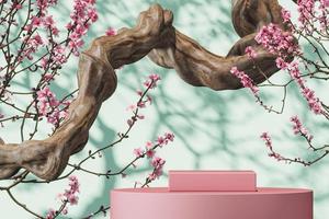 Pink platform on branch and Sakura tree background, sunshade shadow on wall. abstract background for product presentation or ads. 3d rendering photo