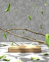 Abstract background for product presentation, Sunshade and shadow on wooden platform, Branches and leaves make up the scene.. 3d rendering photo