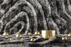 Gold podium and many ball on black and white pattern wool. abstract background for product presentation or ads. 3d rendering photo