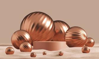 The clay cylinder podium set amid many wrinkled champagne ball in the desert, abstract minimal background for ads branding and product presentation. photo
