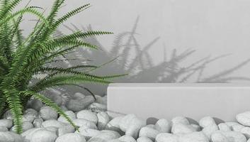 Minimalist mockup background for product presentation, white platform on white gravels, fern and shade on white cement wall. 3d rendering. photo